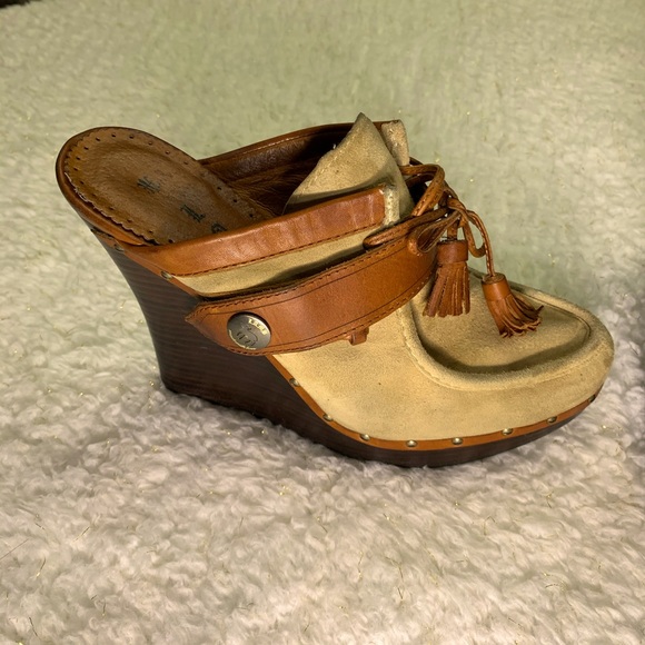 L. A.M.B. By Gwen Stefani tan suade & natural leather wedge clog/mule - Picture 1 of 16